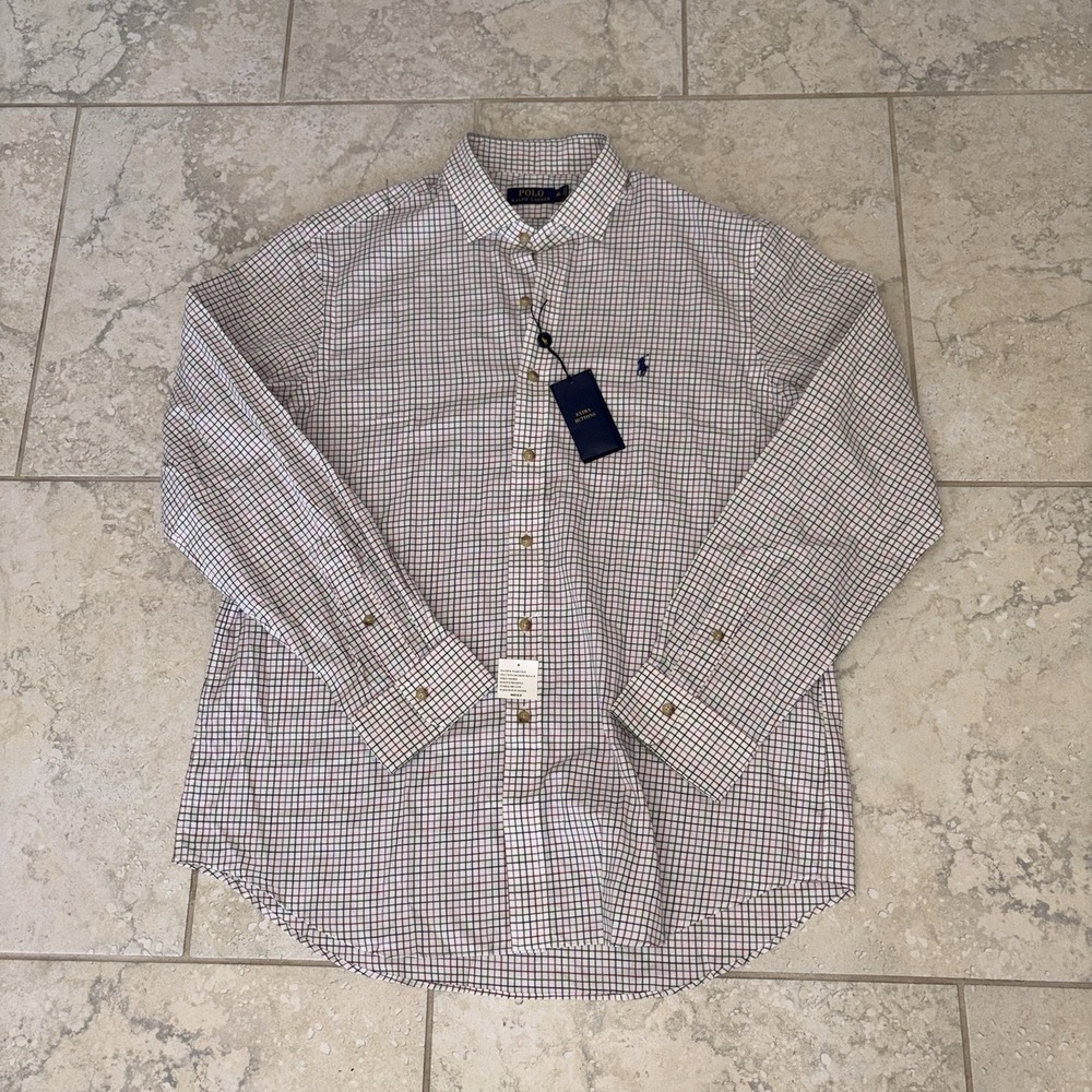 Ralph Lauren Mens XL Check Stripe Button Down Shirt White 100% Cotton New Tags